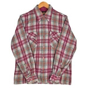 BANYAN SPORTS WEAR WOOL FLANNEL SHIRT – RED/GRAY PLAID – VINTAGE – MEN'S SIZE M